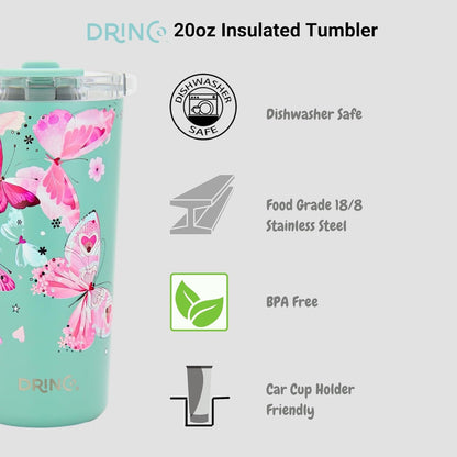 Drinco - 20 oz Stainless Steel Tumbler | Double Walled Vacuum Insulated Mug With Lid, 2 Straws, For Hot & Cold Drinks (20oz Dragonfly)