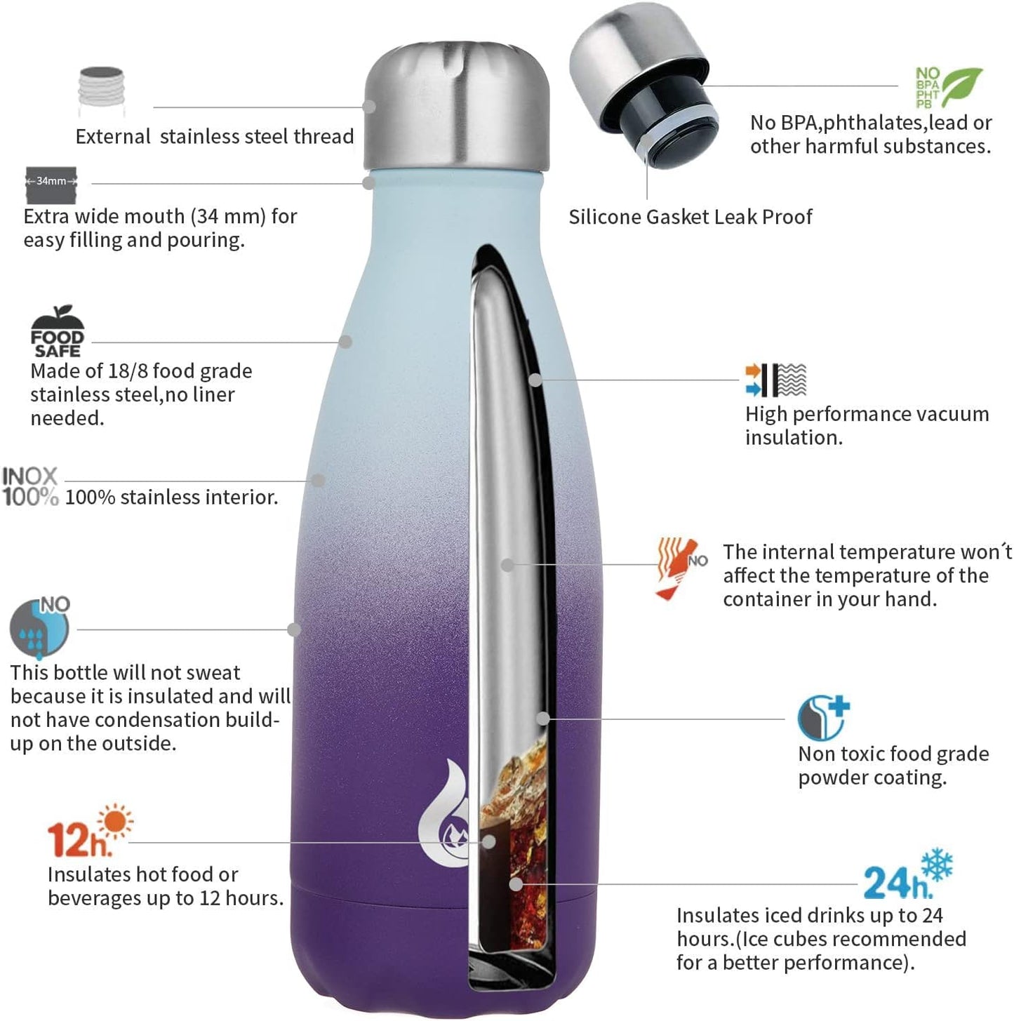 BJPKPK Insulated Water Bottle 12oz Small Stainless Steel Water Bottles Reusable Metal Thermal Keep Cold and Hot,Dreamy Purple - Colors A