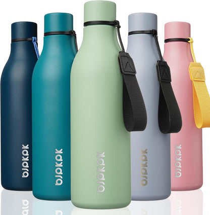 BJPKPK Insulated Water Bottles, 18 oz Stainless Steel Metal Water Bottle with Strap, BPA Free Leak Proof Jugs, Mugs, Flasks, Reusable Thermal Flasks for Sports & Travel, Black - Colors A