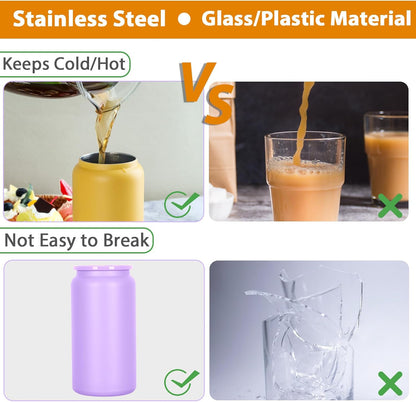 16oz Stainless Steel Can Tumblers, 16 Pack Insulated Beer Can Glass Cups with Lids and Straws, Iced Coffee Cup for Smoothie, Juice, Soda, Milk, Multiple colors