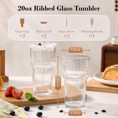 GOSCHE 20oz Ribbed Glass Tumbler with Straw and Lid, Clear Iced Coffee Cups Vintage Glassware, Glass Cups with Lids and Straws for Smoothie Water Tea Juice, Clear, 2 Pack