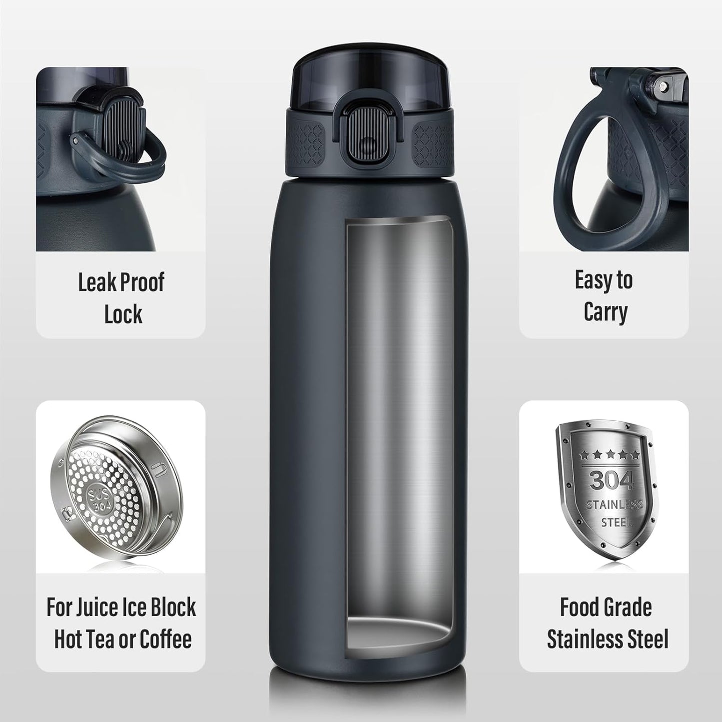 Insulated Water Bottle 24 oz with Dustproof Lid, Carry Handle & Tea Infuser, BPA-Free & Leakproof, Stainless Steel Water Bottles Ideal for Fitness, Hiking, Office & Outdoor Use (Black)