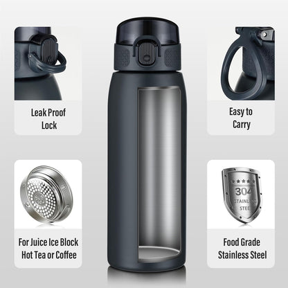 Insulated Water Bottle 24 oz with Dustproof Lid, Carry Handle & Tea Infuser, BPA-Free & Leakproof, Stainless Steel Water Bottles Ideal for Fitness, Hiking, Office & Outdoor Use (Black)