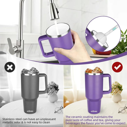 20 oz Insulated Coffee Mug with Ceramic Coating, Stainless Steel Travel Mug Tumbler with Handle Lid and Straw, Double Wall Leak-Proof Coffee Travel Mug Keeps Drink Hot and Cold (Black)