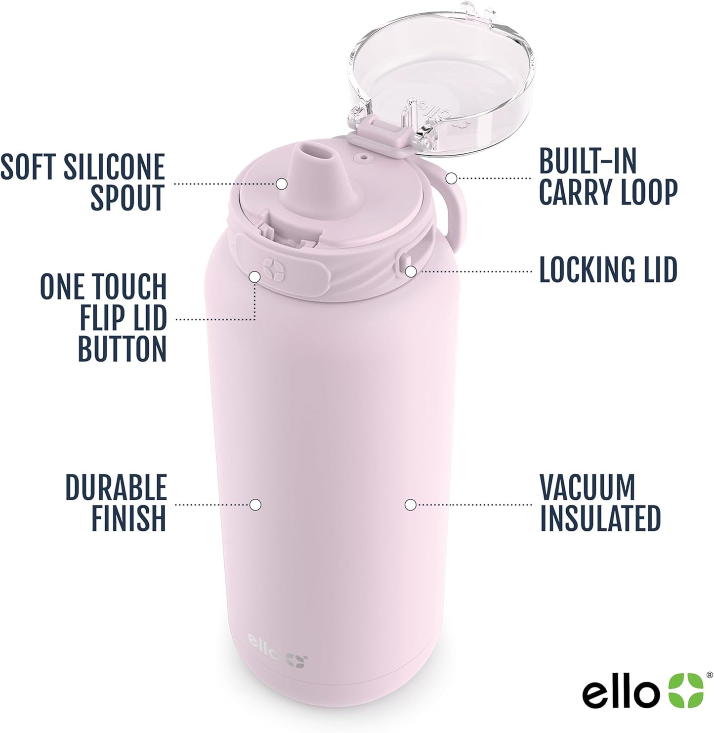 Ello Cooper 22oz Stainless Steel Water Bottle with Straw and Carry Handle, Double Walled and Vacuum Insulated Metal, Leak Proof Locking Lid with Soft Silicone Spout, Reusable, BPA Free, Lilac