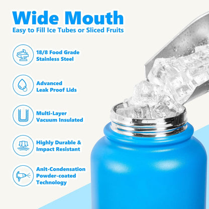Insulated Water Bottle with Lid & Boot & Stickers, 24 oz Stainless Steel Sweat Free Bottle Keep Cold 24H, BPA-Free Sports Wide Mouth Water Bottle, BlueBlack