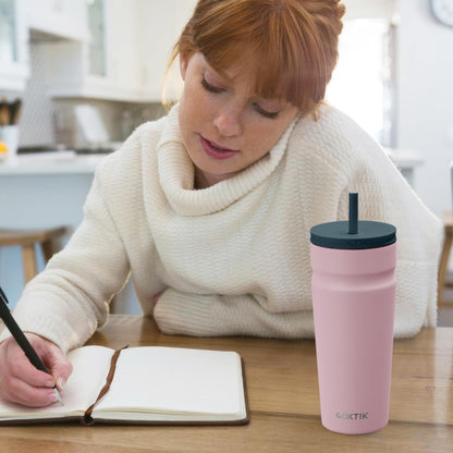 COKTIK 24oz Insulated Tumbler with Lid and Straw Iced Coffee Cup Reusable Stainless Steel Travel Mug Water Bottle Cupholder Friendly for Women Men Her Him (Blush)