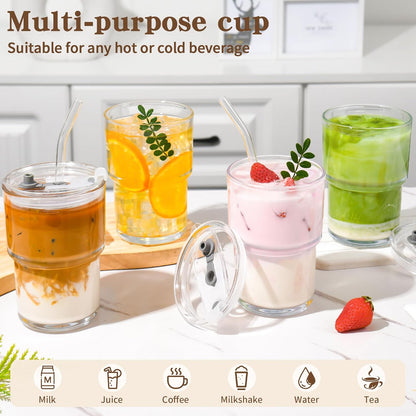 15oz Iced Coffee Cups with Lids Reusable,2Pcs Glass Matcha Cups,Glass Cups with Lids and Straws,Clear Glass Coffee Tumbler for Drinking Water,Tea,Juice