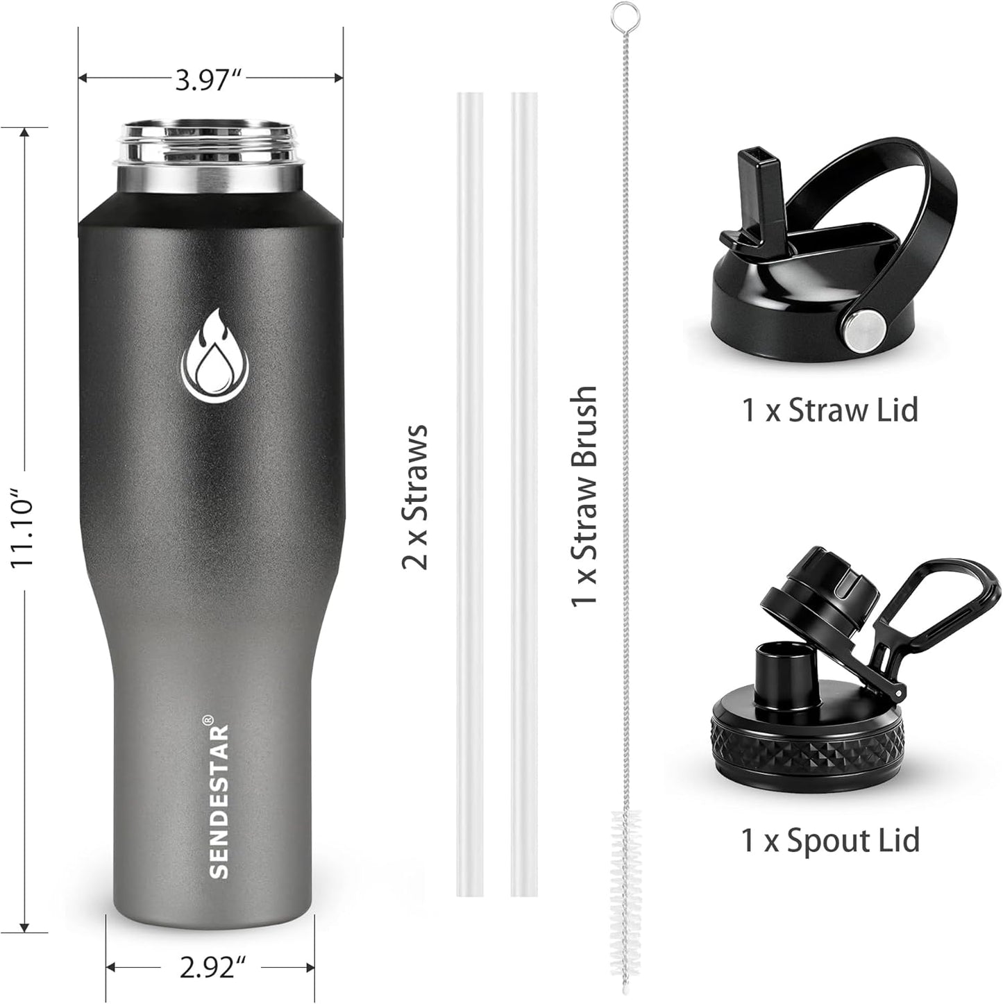SENDESTAR 40oz Water Bottle Wide Mouth Stainless Steel Vacuum Insulated Double Wall with Straw Lids Fit in Any Car Cup Holder