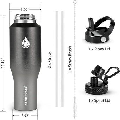 SENDESTAR 40oz Water Bottle Wide Mouth Stainless Steel Vacuum Insulated Double Wall with Straw Lids Fit in Any Car Cup Holder