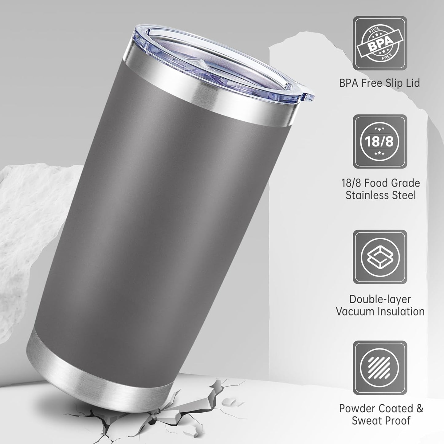 20 oz Tumblers Bulk Stainless Steel Tumbler with Lid Double Wall Vacuum Insulated Coffee Mug 20oz Powder Coated Cup for Hot and Cold Drinks, Stainless, 6 pack