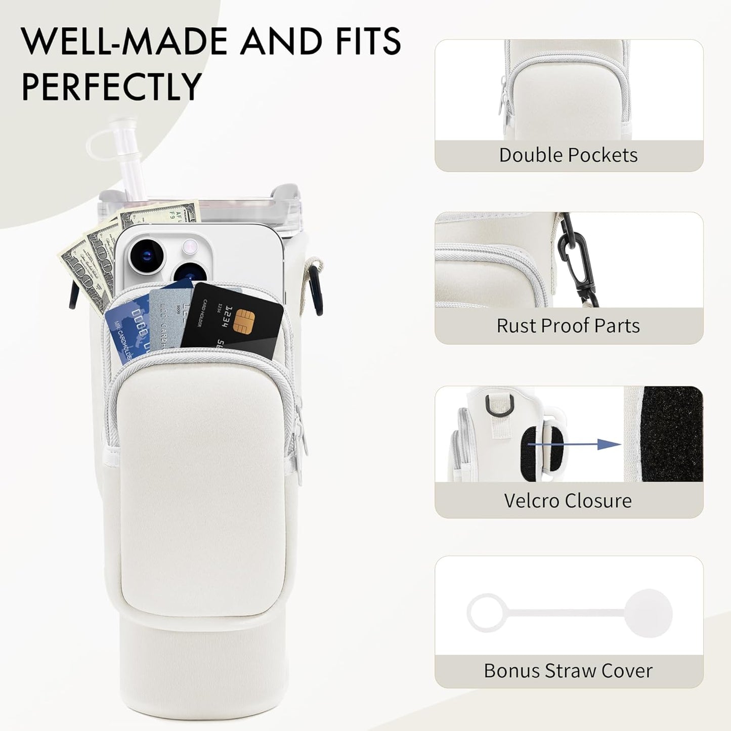 JEBEALUO Water Bottle Carrier Bag with Phone Pocket for Stanley Cup 40/30 oz, Water Bottle Holder with Adjustable Strap& Straw Cover, Stanley Cup Accessories