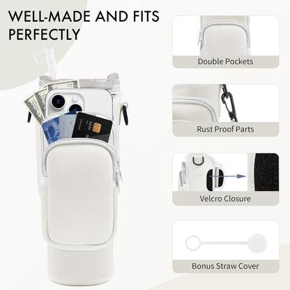 JEBEALUO Water Bottle Carrier Bag with Phone Pocket for Stanley Cup 40/30 oz, Water Bottle Holder with Adjustable Strap& Straw Cover, Stanley Cup Accessories