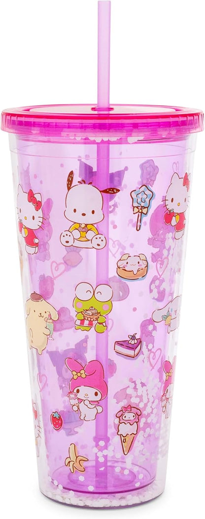 Silver Buffalo Sanrio Hello Kitty and Friends Plastic Boba Tumbler with Lid and Straw Featuring Hello Kitty, Cinnamorroll, Kuromi, My Melody, Badtz Maru, Keroppi, Chococat, and Pompompurin, 24 Ounces