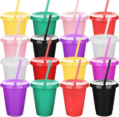 Sieral 30 Pack Cups with Lids and Straws Kids Tumbler with Straw Reusable Water Bottle Iced Coffee Travel Mug Adults Plastic Cups for Parties 16 oz (Candy Colors)