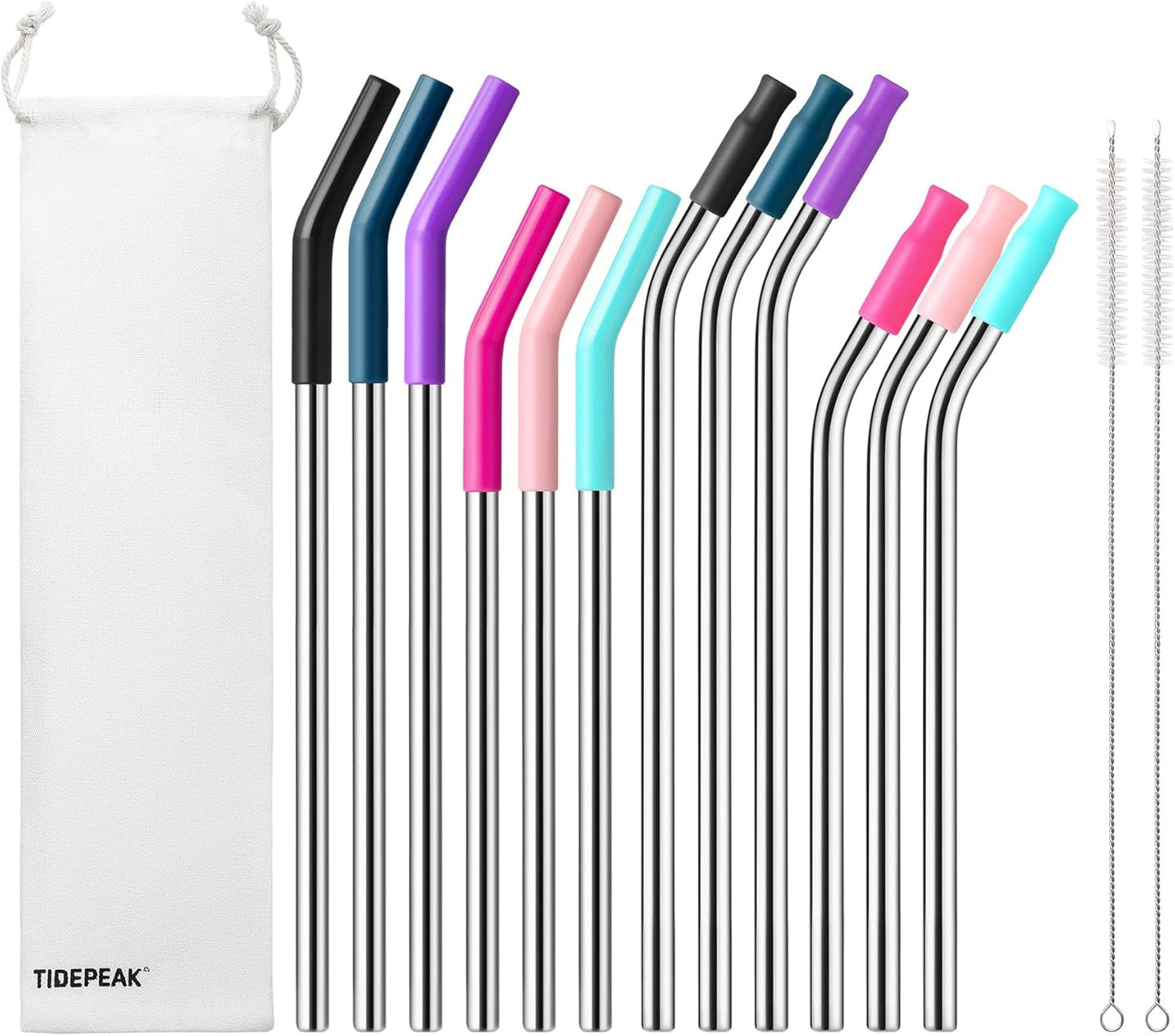 6 Packs Reusable Stainless Steel Straws with Silicone Tips and Travel Case, Long Metal Drinking Replacement Straws for Stanley Cup 40 oz Tumbler, 2 Cleaning Brushes Included, 3 Bent