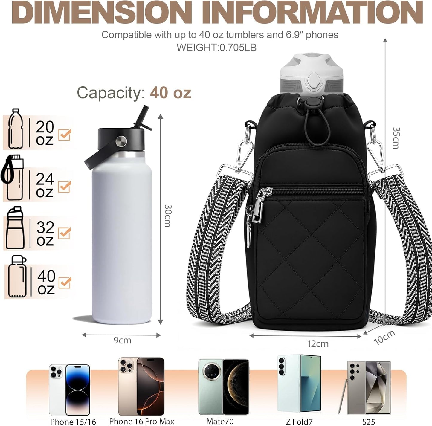 SYTRAH Water Bottle Carrier Bag with Strap, Water Bottle Purse with Phone Pocket 40oz for Walking Hiking