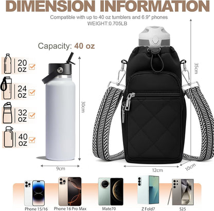 SYTRAH Water Bottle Carrier Bag with Strap, Water Bottle Purse with Phone Pocket 40oz for Walking Hiking