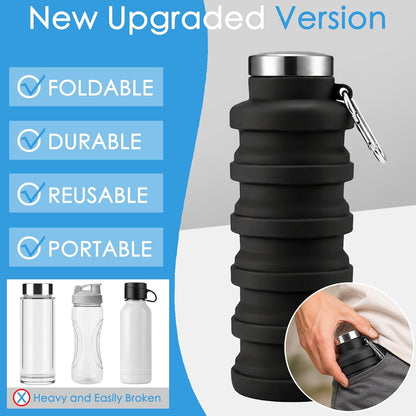 4 Pack Collapsible Water Bottles, 16oz Portable Reusable Silicone Water Bottle, Foldable Water Bottles for Travel Gym Camping Hiking, Leak Proof Sports Water Bottle with Carabiner (Bright Color)