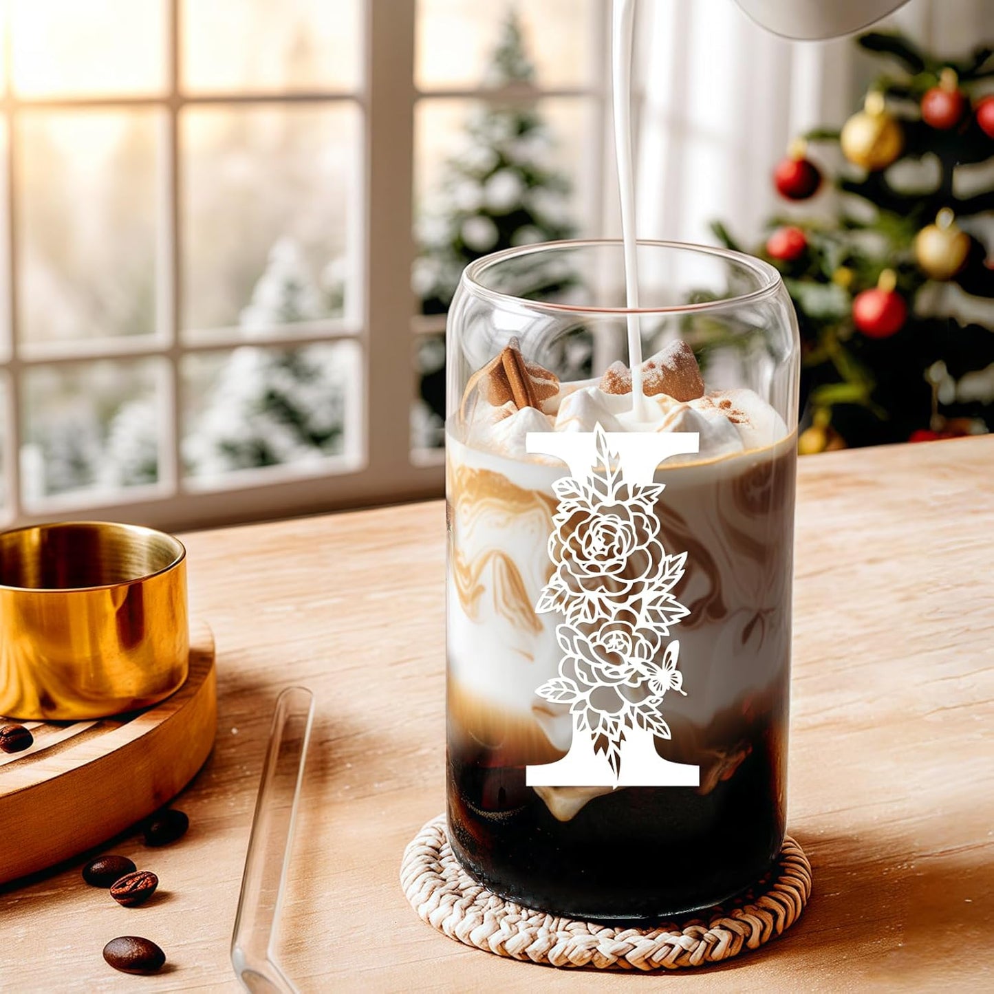 Glass Cups with Lids and Straws: Personalized Initial Glass Cup Be Used As Reusable Iced Coffee Cups with Lids,Cute Matcha Tumbler - The Christmas/Birthday Gifts for Women - M Smoothie Cup