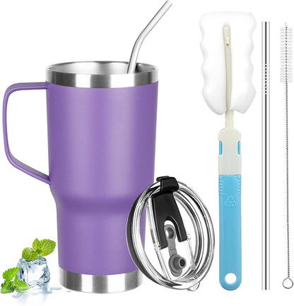 20 oz Tumbler with Handle, Stainless Steel Insulated Tumbler with Lid and Straw, Double Wall Vacuum Coffee Mug Tumbler, Insulated Coffee Thermal Cup for Cold and Hot (Light Purple)