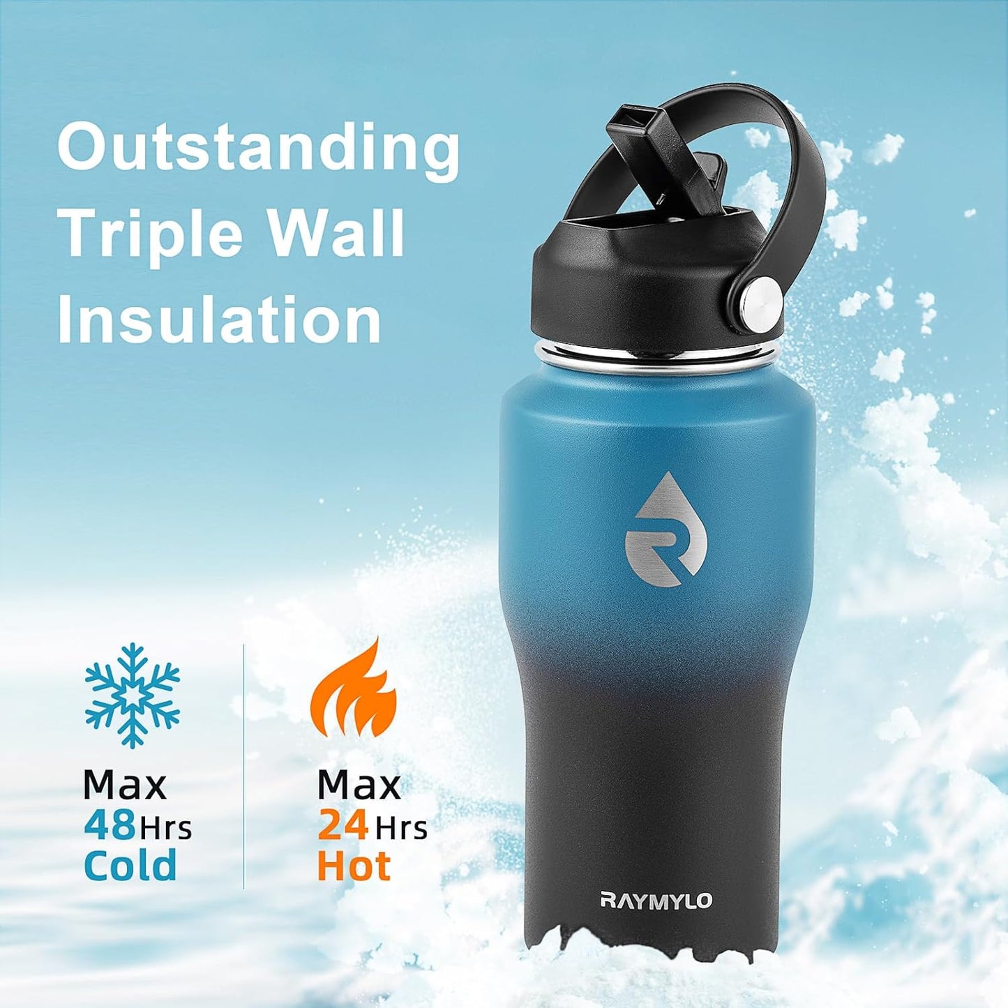 RAYMYLO 40 oz Insulated Water Bottle with Straw fit in Car Cup Holder, Triple Wall Vacuum Stainless Steel(Cold 48 hrs, Hot 24 hrs), Leakproof & Non-BPA, Hydro Travel Flask with Straw and Spout Lid