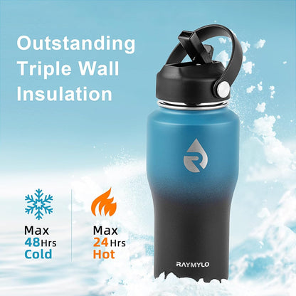 RAYMYLO 40 oz Insulated Water Bottle with Straw fit in Car Cup Holder, Triple Wall Vacuum Stainless Steel(Cold 48 hrs, Hot 24 hrs), Leakproof & Non-BPA, Hydro Travel Flask with Straw and Spout Lid