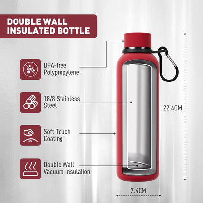 Exllena Slim Insulated Water Bottles for Travel 18oz with Clip, Double Wall Vacuum Stainless Steel Water Bottle Keeps Drinks Cold 24 Hrs/Hot 12 Hrs, 100% Leakproof, BPA Free(Black)