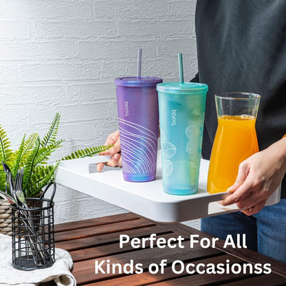 bzyoo SIP 24oz (710ml) Double Wall Plastic Tumbler with Lid and Straw Cold Drink Travel Mug Reusable Party Cup Perfect for Office Ice Coffee or Tea and Gift Color: Pink & Purple