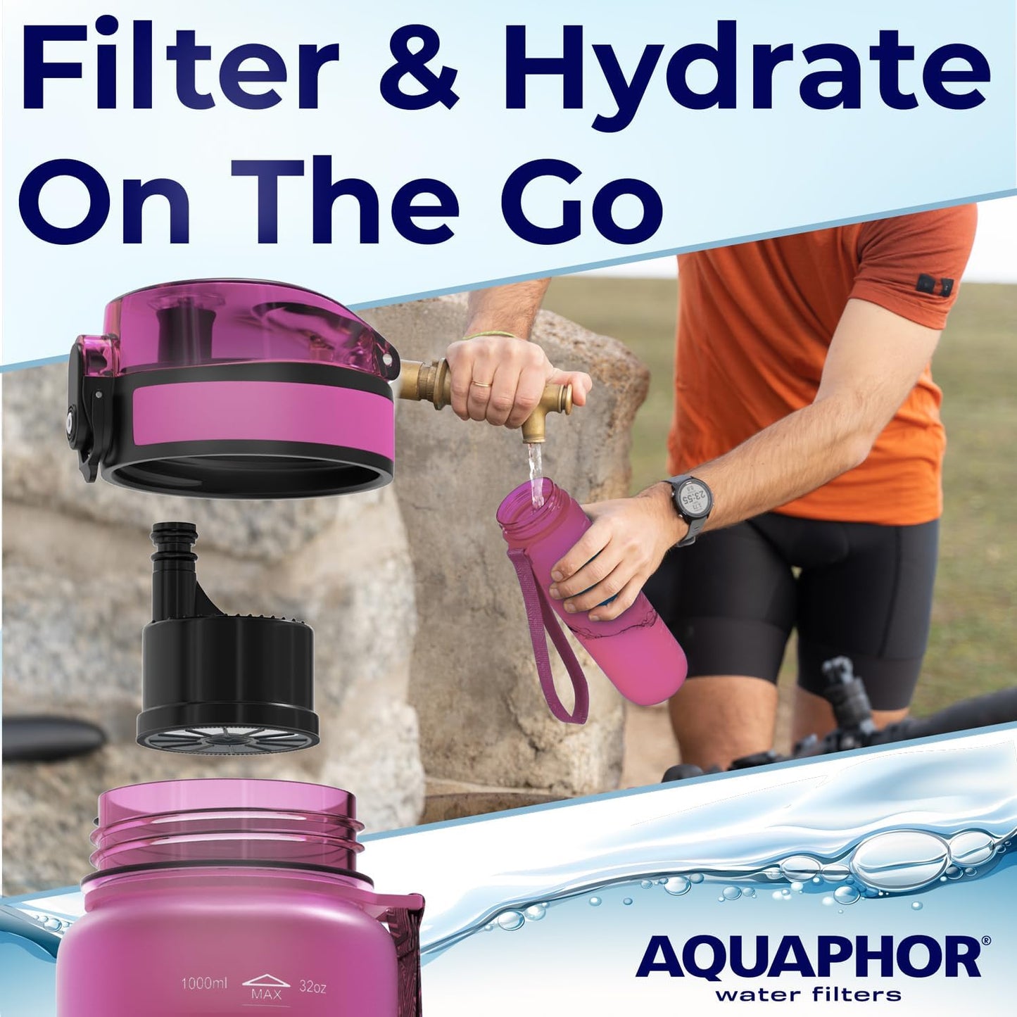 Nakii Filtered Water Bottle, Leakproof, BPA-Free, Motivational Markings, Travel, Everyday Use. 40-Gallon Filter, Replaces 300 Plastic Water Bottles. Includes 1 Filter, 22 FL Oz, Grey by Aquaphor