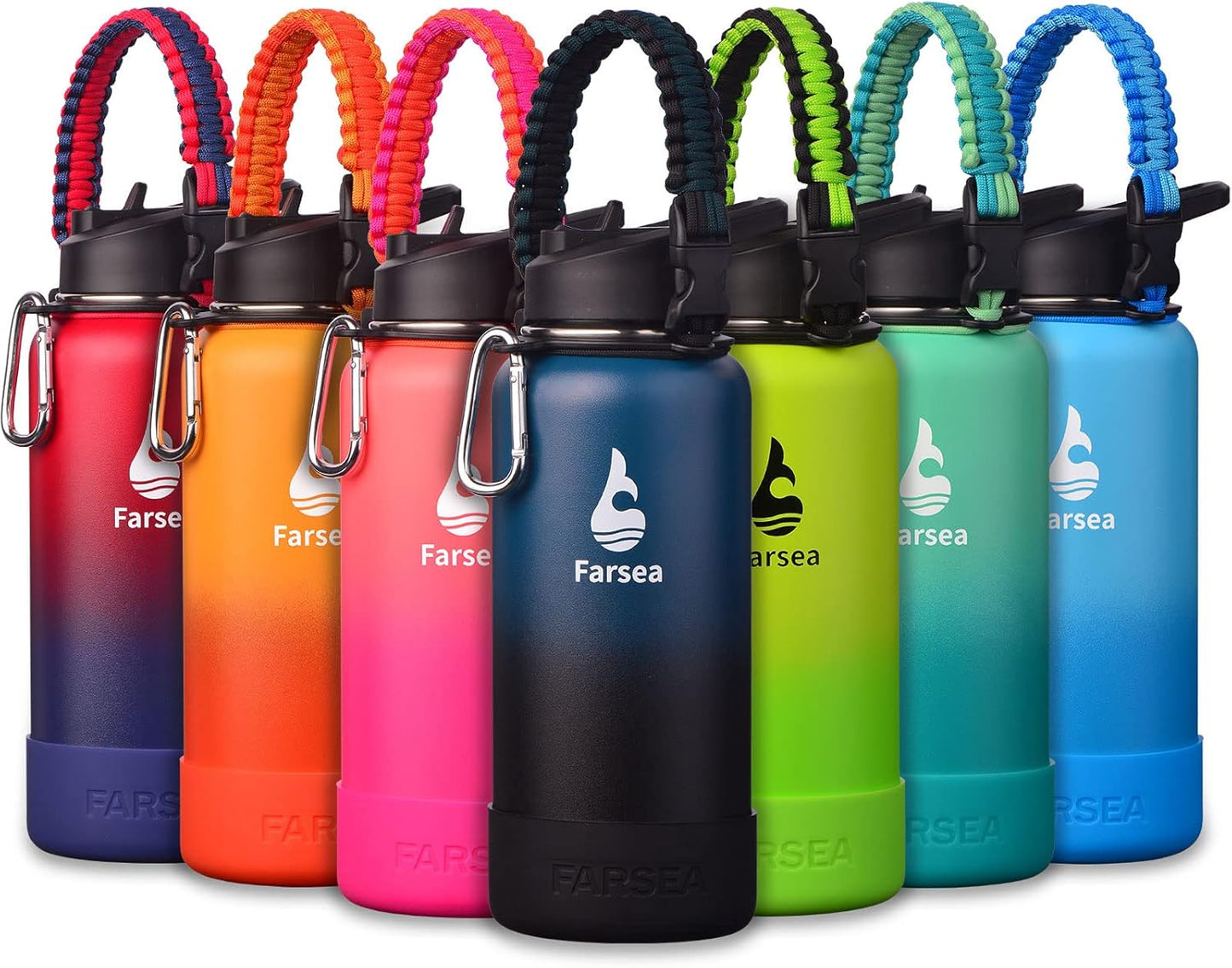 Farsea Insulated Water Bottle With Paracord Handle, Protective Silicone Boot and 2 Lids (Straw Lid & Spout Lid), Stainless Steel Water Bottle Wide Mouth, Double Wall Sweat-Proof BPA-Free, 24 oz