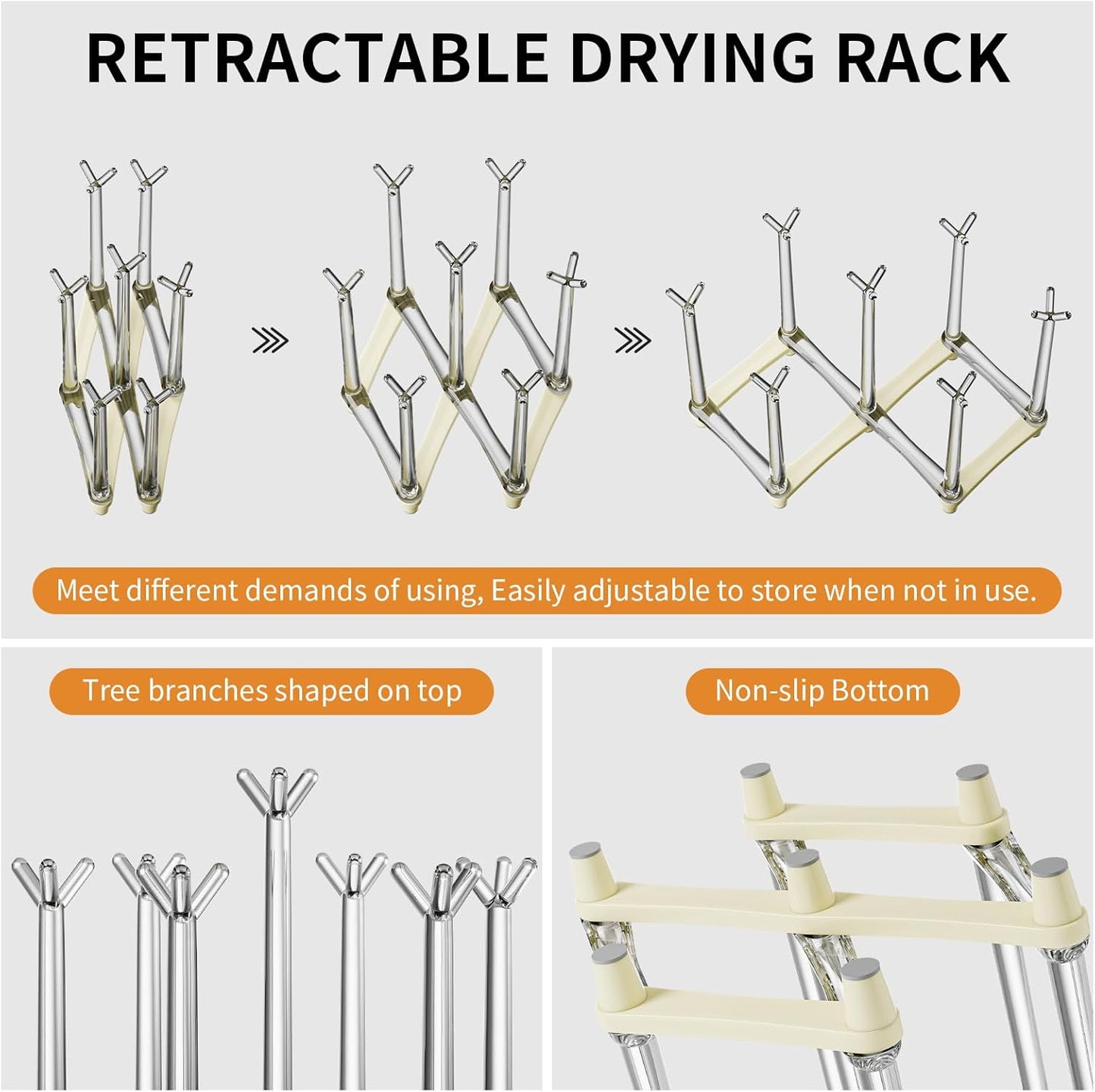 Marbrasse Retractable Cup Drying Rack, Drinking Glass and Sports Bottle Drainer Stand, Plastic Bag Dryer with Non-Slip Bottom for Kitchen Countertop