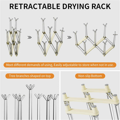 Marbrasse Retractable Cup Drying Rack, Drinking Glass and Sports Bottle Drainer Stand, Plastic Bag Dryer with Non-Slip Bottom for Kitchen Countertop