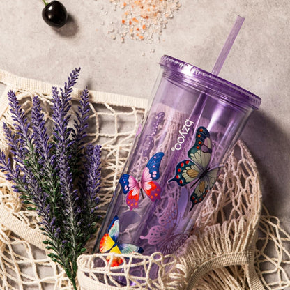 bzyoo SIP 24oz (710ml) Double Wall Plastic Tumbler with Lid and Straw Cold Drink Travel Mug Reusable Party Cup Perfect for Office Ice Coffee or Tea and Gift Color: Pink & Purple