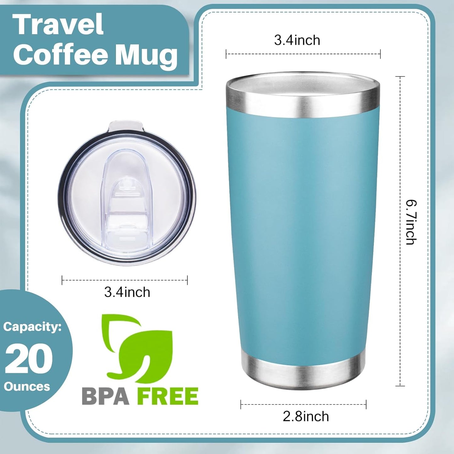 20oz Tumbler with Lid Double Wall Vacuum Insulated Travel Coffee Mug Stainless Steel Thermal Cup Powder Coated Sturdy Coffee Tumbler for Hot and Cold Beverage (Baby blue,1)