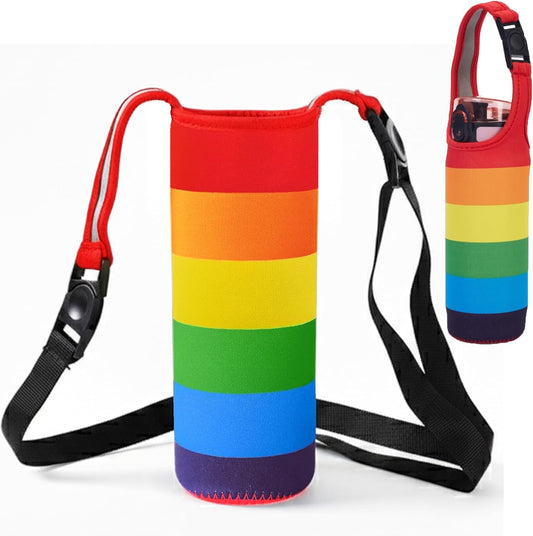 Rainbow Water Bottle Pouch, Neoprene Water Bottle Holder with Adjustable Handle Strap, Gym Shoulder Bag for Men Women – Crossbody Sling Bag, Bike Cup Holder(Workout/Hiking/Travel)
