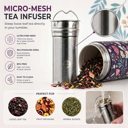 22 oz Ceramic Lined Tea Infuser Travel Tumbler, Micro-Mesh Stainless Steel Infuser, Pure Taste Ceramic Interior, Triple Insulated 12hr Hot Cold, Dual Sip & Straw Lid, Scratch-Resistant