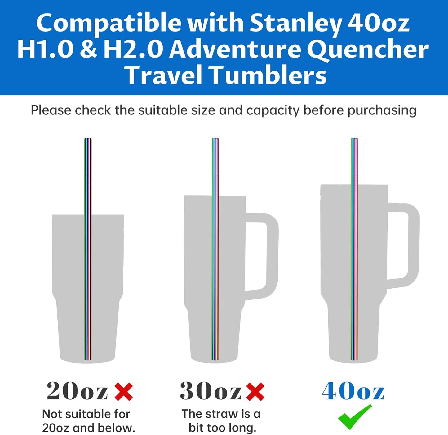 Tomorotec 8-Pack Stainless Steel Straws Fit for 40oz Stanley Tumblers, 12" Metal Straws Fit for Stanley Cup with 1 Brush, Reusable Drinking Straws for Smoothies, Milkshakes, Dishwasher Safe & BPA-Free