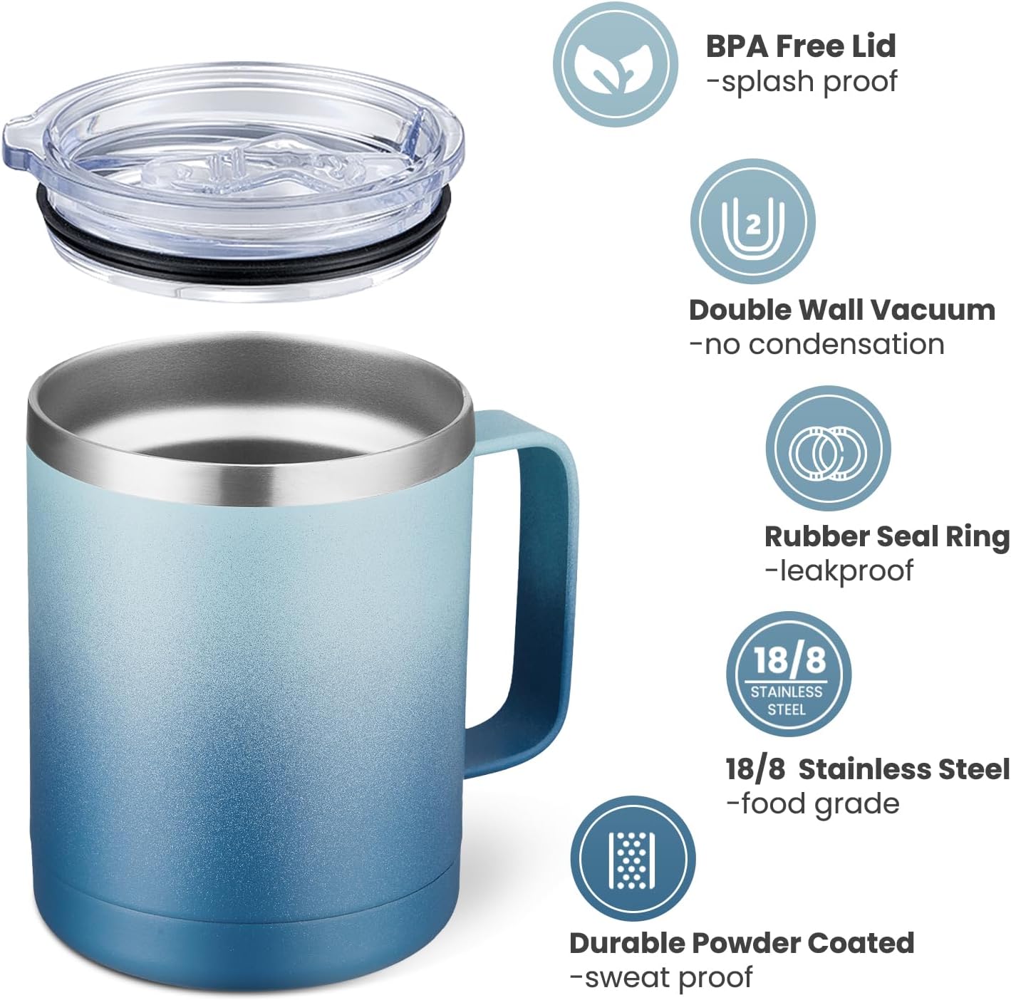 MEWAY 12oz Coffee Mug With Handle and Sliding Lid,Stainless Steel Travel Tumbler Cup with Handle,Double Wall Vacuum Insulated Camping Cup for Hot & Cold Drinks Tea (Black,Set of 1