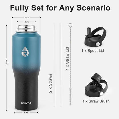 RAYMYLO 40 oz Insulated Water Bottle with Straw fit in Car Cup Holder, Triple Wall Vacuum Stainless Steel(Cold 48 hrs, Hot 24 hrs), Leakproof & Non-BPA, Hydro Travel Flask with Straw and Spout Lid