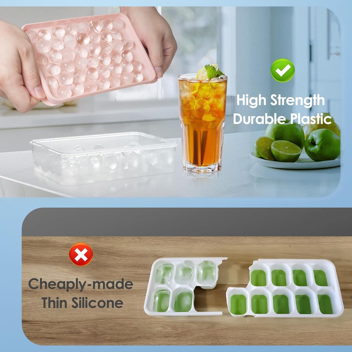 WIBIMEN Ice Cube Tray with Lid and Bin - Round Ice Trays for Freezer with Lid - Ice Cube Trays for Freezer with Ice Container (1"-2PACK Blue)
