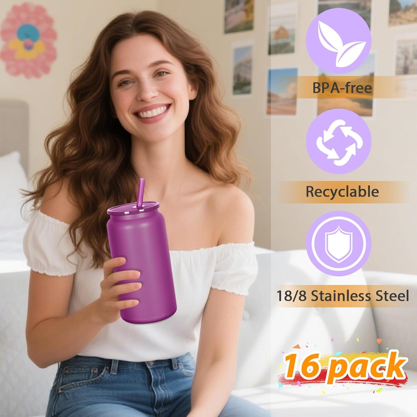 16oz Stainless Steel Can Tumblers, 16 Pack Insulated Beer Can Glass Cups with Lids and Straws, Iced Coffee Cup for Smoothie, Juice, Soda, Milk, Multiple colors