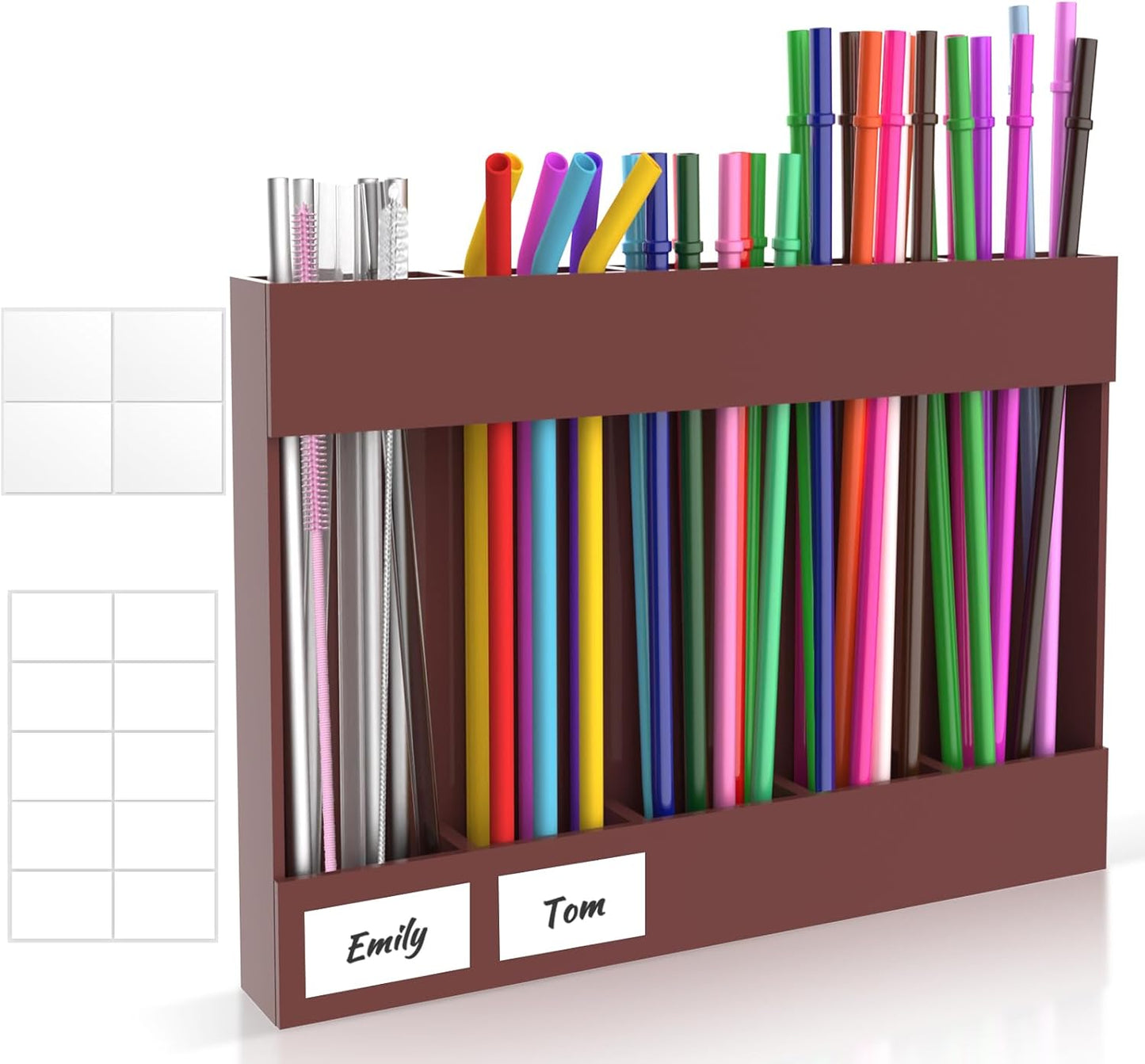 9.5” Large Acrylic Straw Holder for Cabinet Door with Detachable Ultra Sticky Adhesive Squares and Stickers, 2026 Reusable Straws Organizer Storage Dispenser for Kitchen Counter Cupboard
