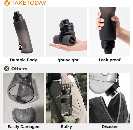 TakeToday Collapsible Water Bottles 32oz, Foldable Travel Bottle, TSA-Approved Leakproof Newly Silicone Water Bottle for Hiking, Travel, Outdoors, Black