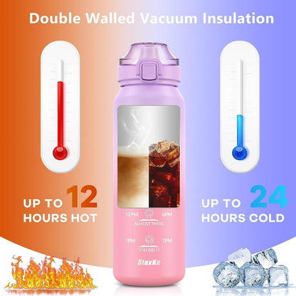 SLUXKE 24oz Insulated Water Bottle 18/10 Stainless Steel with 2Lids(Straw Lid& Spout Lids), 700ml Double Wall Vacuum Water Bottle with Handle Keep Cold and Hot for Men, Women & Kids PURPLE PINK