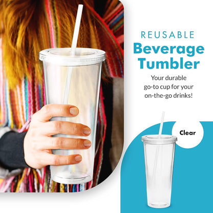 Simple Green Solutions - Acrylic Double Wall Reusable Cups with Lids and Straws for Cold Drinks, Insulated Plastic Tumblers with Lids and Straw, 20 oz Capacity, Clear