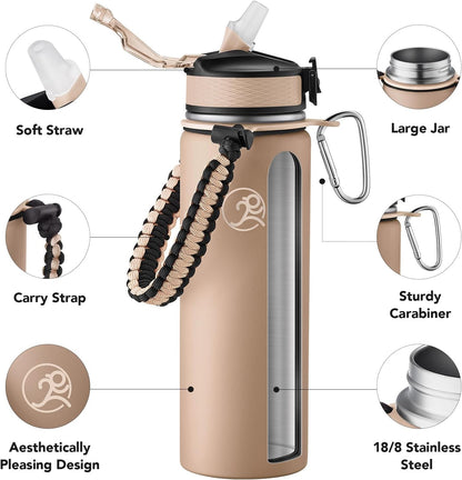 GOSWAG Insulated Sports Water Bottle, 24oz 2 Lids(with Straw/No Straw), Stainless Steel Water Bottles with Paracord Handle, Insulated Bottle with Double-Wall Vacuum Insulation