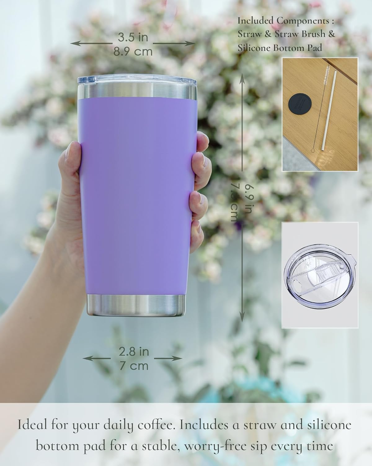 Travel Coffee Tumbler 20oz, Leakproof Travel Coffee Mug with Dual Lids and Straw, Stainless Steel Double Wall Vacuum Insulated Tumbler for Hot/Iced Drinks (Navy Blue, Textured Matte)