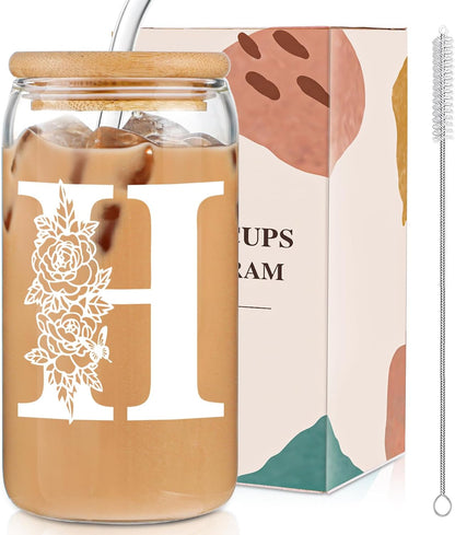 Glass Cups with Lids and Straws: Personalized Initial Glass Cup Be Used As Reusable Iced Coffee Cups with Lids,Cute Matcha Tumbler - The Christmas/Birthday Gifts for Women - M Smoothie Cup