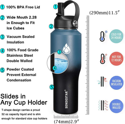 SENDESTAR 40oz Water Bottle Wide Mouth Stainless Steel Vacuum Insulated Double Wall with Straw Lids Fit in Any Car Cup Holder
